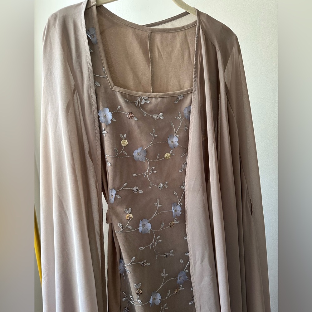 Taupe Embroidered Two Piece Cape and Dress